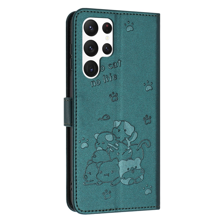 For Samsung Galaxy S25 Ultra 5G Embossed Kitten Phone Leather Case with Lanyard(Dark Green)