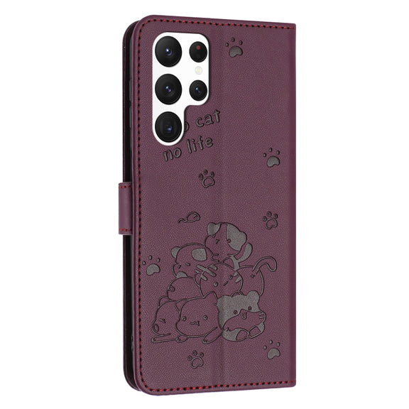 For Samsung Galaxy S25 Ultra 5G Embossed Kitten Phone Leather Case with Lanyard(Wine Red)