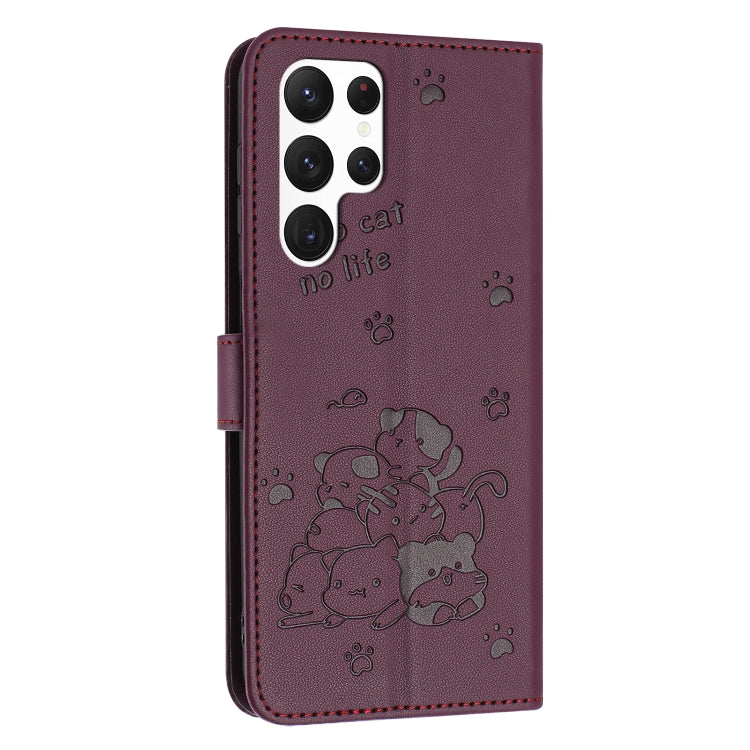 For Samsung Galaxy S25 Ultra 5G Embossed Kitten Phone Leather Case with Lanyard(Wine Red)