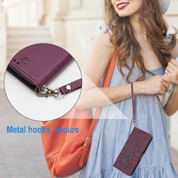 For Samsung Galaxy S25 Ultra 5G Embossed Kitten Phone Leather Case with Lanyard(Wine Red)