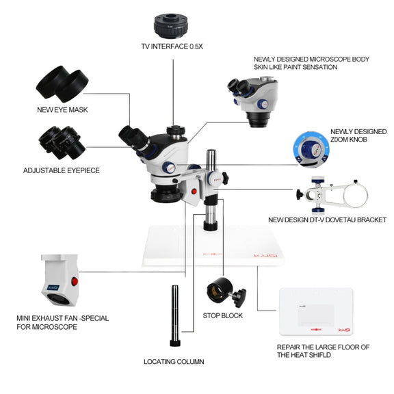 Kaisi TX-350E Ver1.3 7X-50X Zoom Trinocular Stereo Microscope with Big Base & 4K Camera