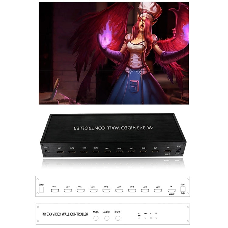 NK-BT88 4K 3x3 HDMI Video Wall Controller Multi-screen Splicing Processor with Remote Controller, Plug:US Plug