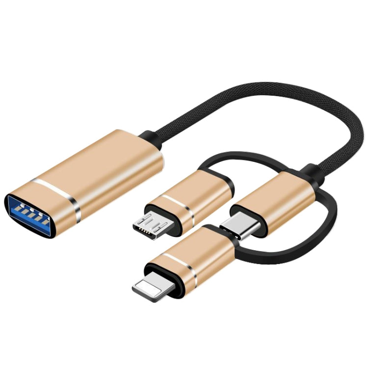 3 in 1 USB Female to Micro USB, Type-C, 8 Pin Male OTG Adapter(Gold)