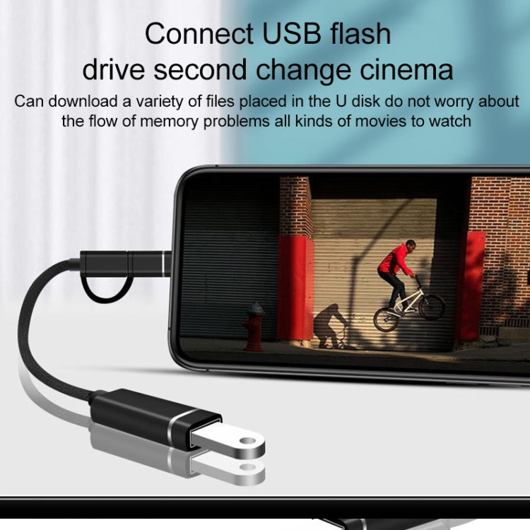 3 in 1 USB Female to Micro USB, Type-C, 8 Pin Male OTG Adapter(Black)