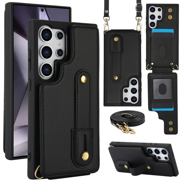 For Samsung Galaxy S25 Ultra 5G Wristband Vertical Flip Wallet Back Cover Phone Case with Long Lanyard(Black)