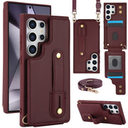 For Samsung Galaxy S25 Ultra 5G Wristband Vertical Flip Wallet Back Cover Phone Case with Long Lanyard(Wine Red)