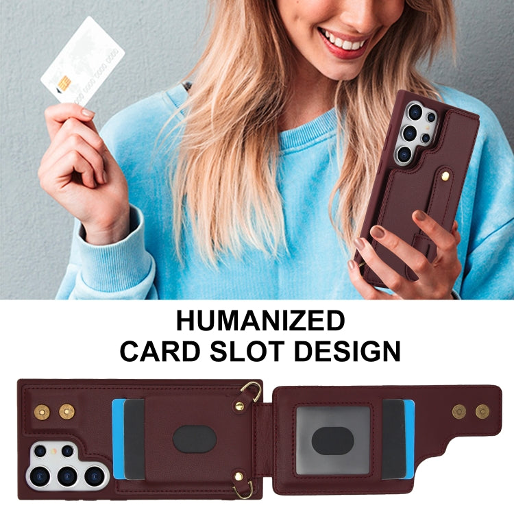 For Samsung Galaxy S25 Ultra 5G Wristband Vertical Flip Wallet Back Cover Phone Case with Long Lanyard(Wine Red)