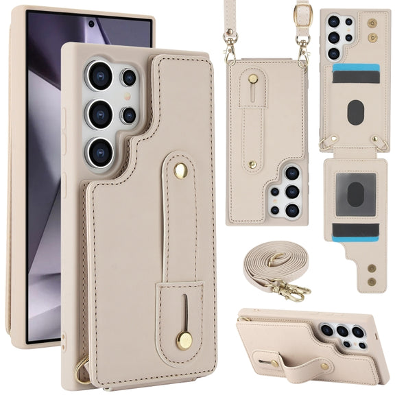 For Samsung Galaxy S25 Ultra 5G Wristband Vertical Flip Wallet Back Cover Phone Case with Long Lanyard(White)