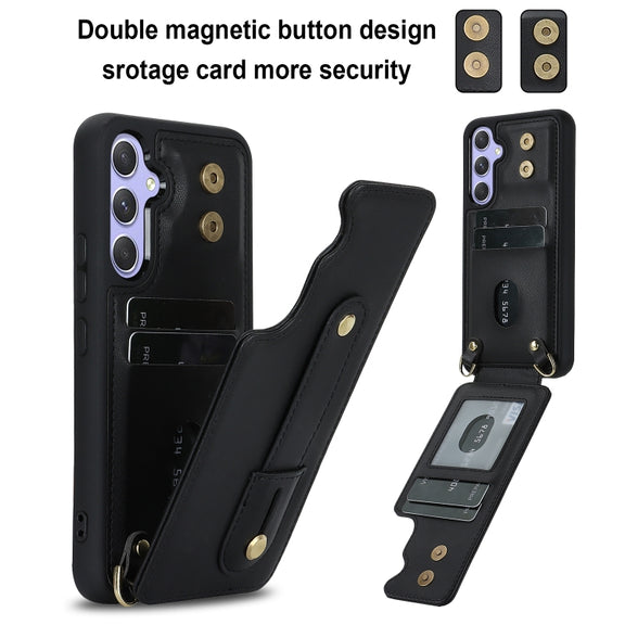 For Samsung Galaxy S25+ 5G Wristband Vertical Flip Wallet Back Cover Phone Case with Long Lanyard(Black)