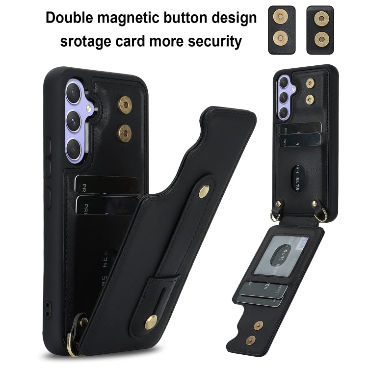 For Samsung Galaxy S25+ 5G Wristband Vertical Flip Wallet Back Cover Phone Case with Long Lanyard(Black)