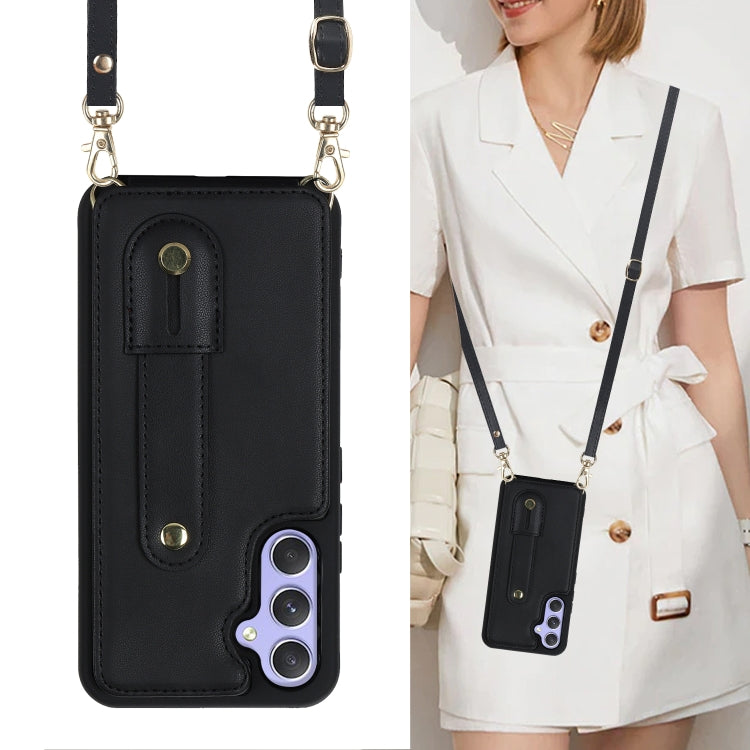 For Samsung Galaxy S25+ 5G Wristband Vertical Flip Wallet Back Cover Phone Case with Long Lanyard(Black)