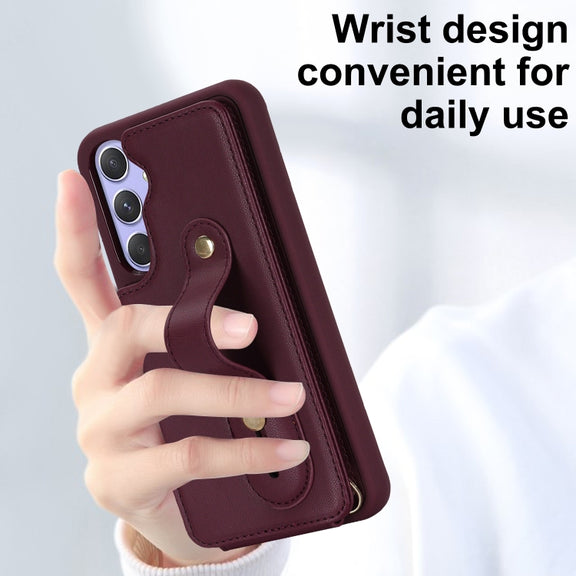 For Samsung Galaxy S25+ 5G Wristband Vertical Flip Wallet Back Cover Phone Case with Long Lanyard(Wine Red)