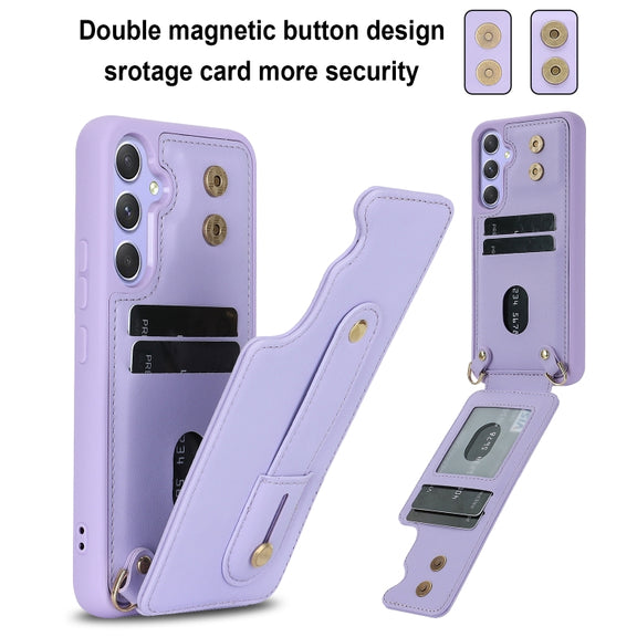 For Samsung Galaxy S25+ 5G Wristband Vertical Flip Wallet Back Cover Phone Case with Long Lanyard(Purple)