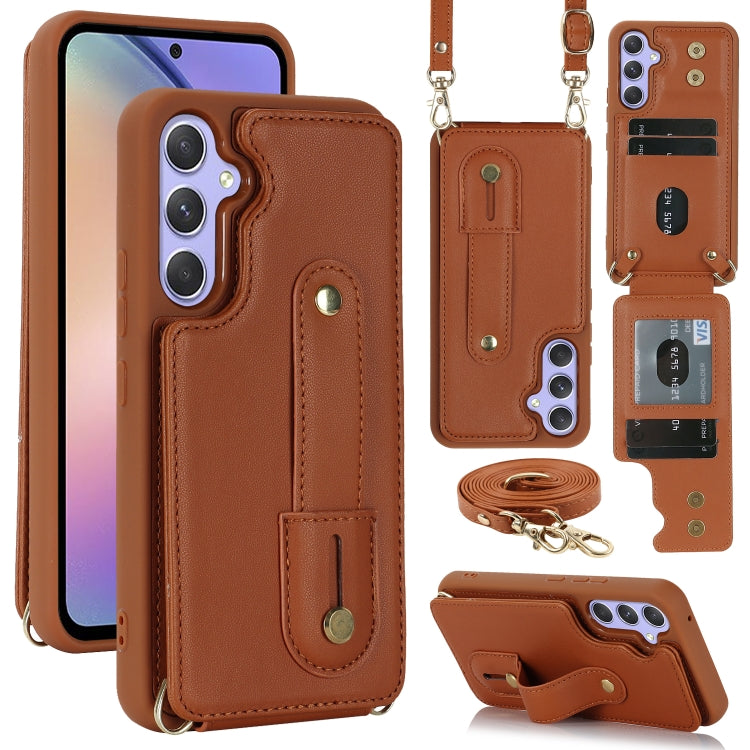 For Samsung Galaxy S25+ 5G Wristband Vertical Flip Wallet Back Cover Phone Case with Long Lanyard(Brown)