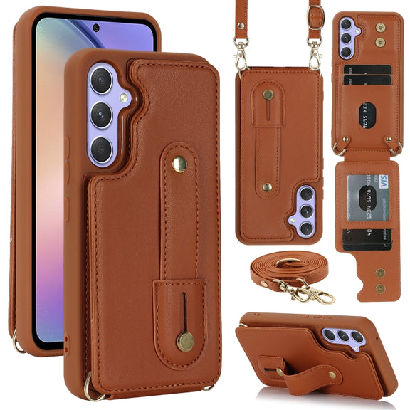 For Samsung Galaxy S25+ 5G Wristband Vertical Flip Wallet Back Cover Phone Case with Long Lanyard(Brown)