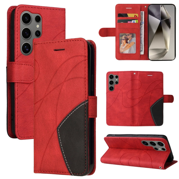 For Samsung Galaxy S25 Ultra 5G Dual-color Splicing Flip Leather Phone Case(Red)
