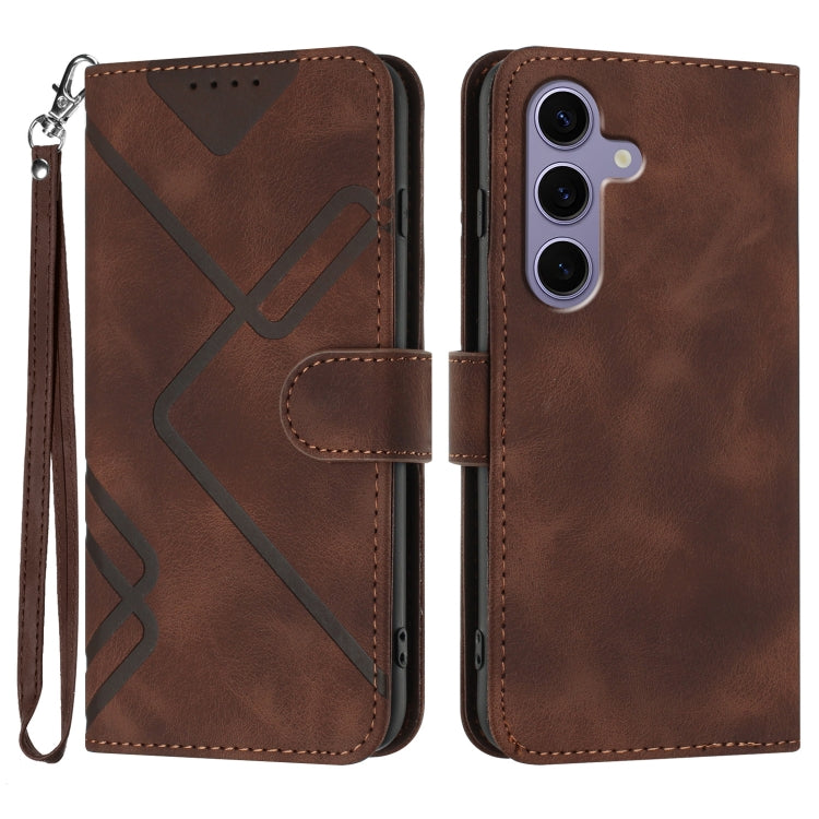 For Samsung Galaxy S25 5G Line Pattern Skin Feel Leather Phone Case(Coffee)
