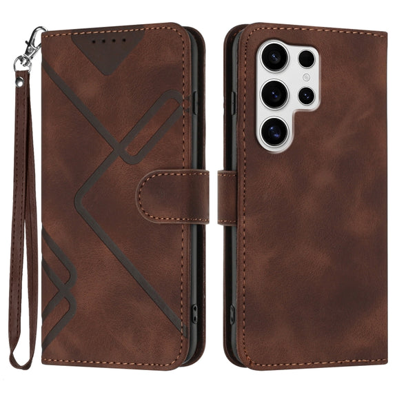 For Samsung Galaxy S25 Ultra 5G Line Pattern Skin Feel Leather Phone Case(Coffee)