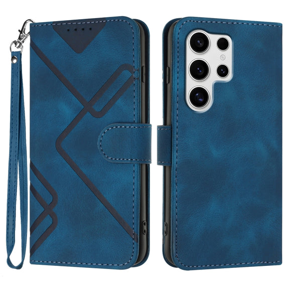 For Samsung Galaxy S25 Ultra 5G Line Pattern Skin Feel Leather Phone Case(Royal Blue)