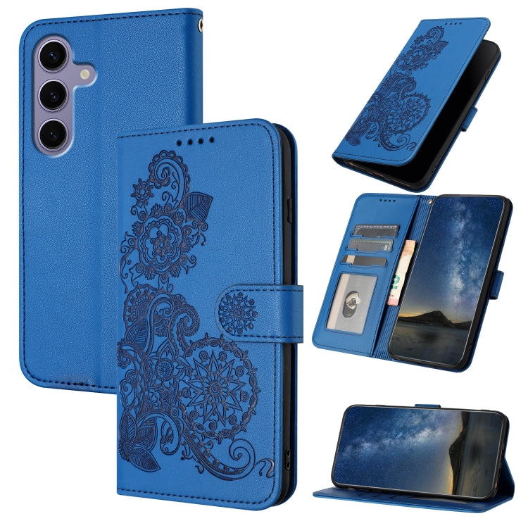 For Samsung Galaxy S25 5G Datura Flower Embossed Flip Leather Phone Case(Blue)