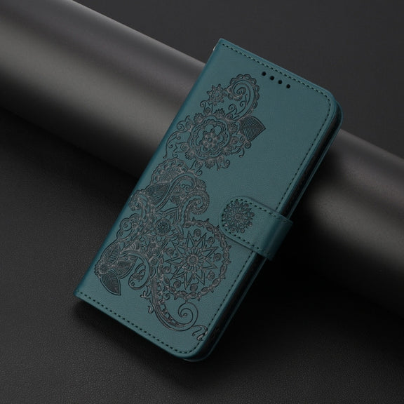 For Samsung Galaxy S25 5G Datura Flower Embossed Flip Leather Phone Case(Dark Green)