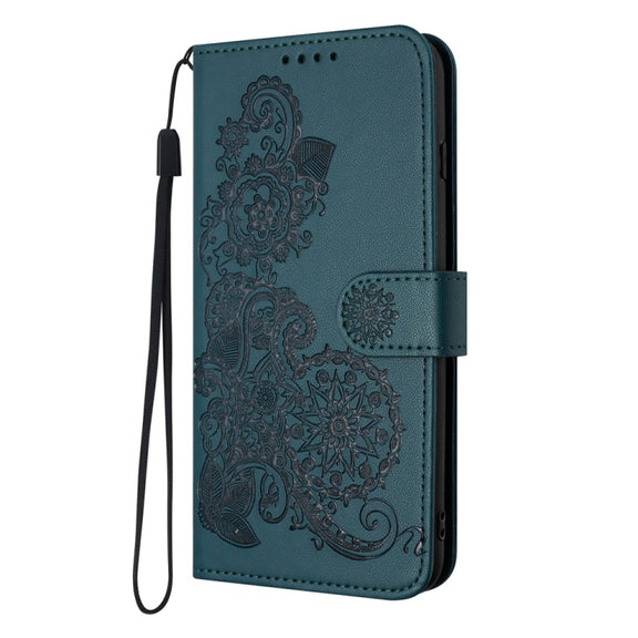 For Samsung Galaxy S25 5G Datura Flower Embossed Flip Leather Phone Case(Dark Green)