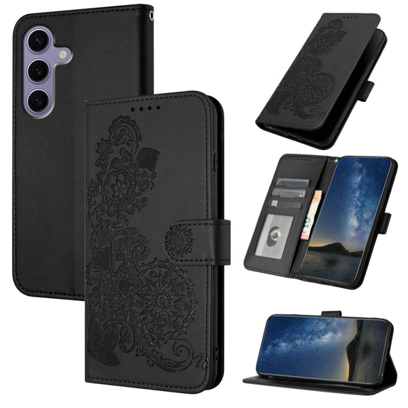 For Samsung Galaxy S25 5G Datura Flower Embossed Flip Leather Phone Case(Black)