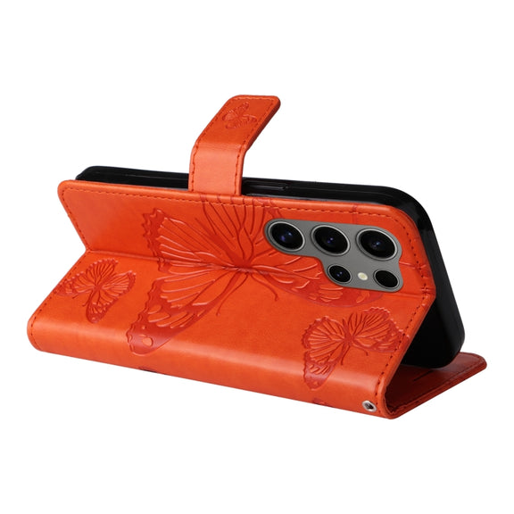 For Samsung Galaxy S25 Ultra 5G 3D Butterfly Embossed Pattern Flip Leather Phone Case(Orange)