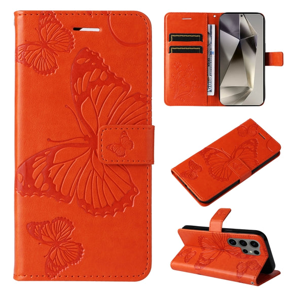 For Samsung Galaxy S25 Ultra 5G 3D Butterfly Embossed Pattern Flip Leather Phone Case(Orange)