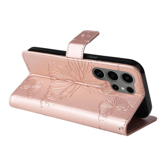 For Samsung Galaxy S25 Ultra 5G 3D Butterfly Embossed Pattern Flip Leather Phone Case(Rose Gold)