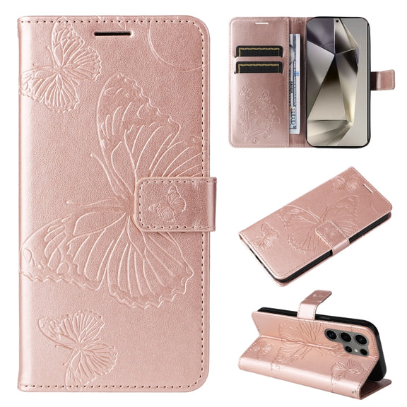 For Samsung Galaxy S25 Ultra 5G 3D Butterfly Embossed Pattern Flip Leather Phone Case(Rose Gold)