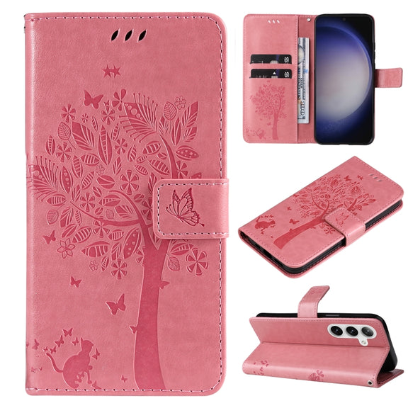 For Samsung Galaxy S25 / S24 5G Tree & Cat Embossed Pattern Flip Leather Phone Case(Pink)
