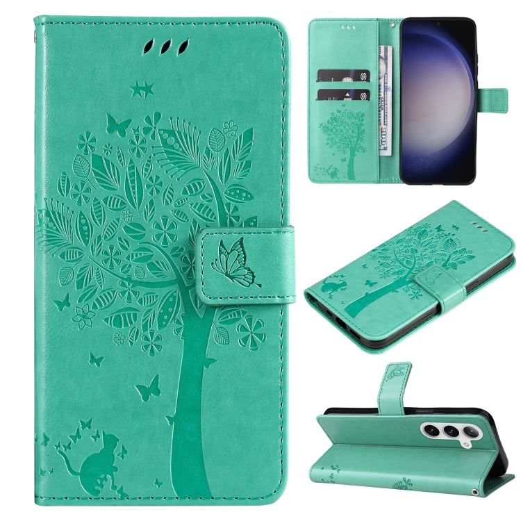 For Samsung Galaxy S25 / S24 5G Tree & Cat Embossed Pattern Flip Leather Phone Case(Green)
