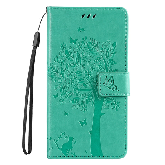 For Samsung Galaxy S25 / S24 5G Tree & Cat Embossed Pattern Flip Leather Phone Case(Green)