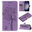 For Samsung Galaxy S25 / S24 5G Tree & Cat Embossed Pattern Flip Leather Phone Case(Light Purple) - Galaxy S25 5G Cases by PMC TechLife | Online Shopping South Africa | PMC TechLife | Buy Now Pay Later Mobicred