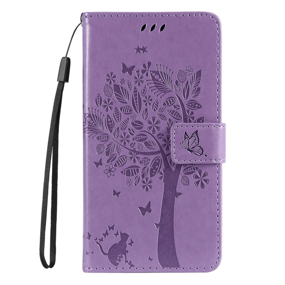 For Samsung Galaxy S25 / S24 5G Tree & Cat Embossed Pattern Flip Leather Phone Case(Light Purple)