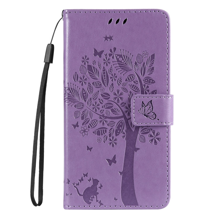 For Samsung Galaxy S25 / S24 5G Tree & Cat Embossed Pattern Flip Leather Phone Case(Light Purple)