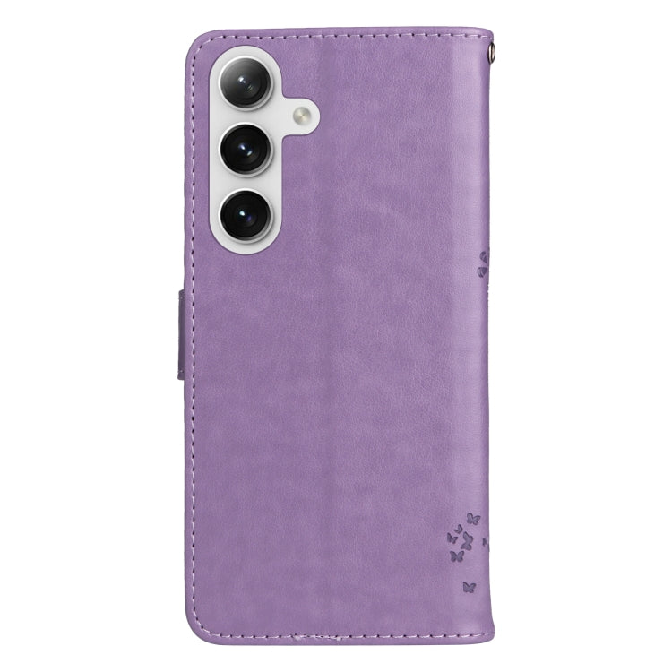 For Samsung Galaxy S25 / S24 5G Tree & Cat Embossed Pattern Flip Leather Phone Case(Light Purple)