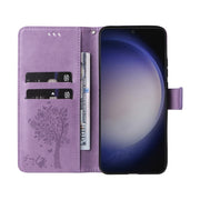 For Samsung Galaxy S25 / S24 5G Tree & Cat Embossed Pattern Flip Leather Phone Case(Light Purple)