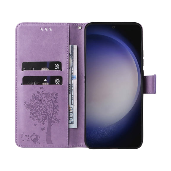 For Samsung Galaxy S25 / S24 5G Tree & Cat Embossed Pattern Flip Leather Phone Case(Light Purple)