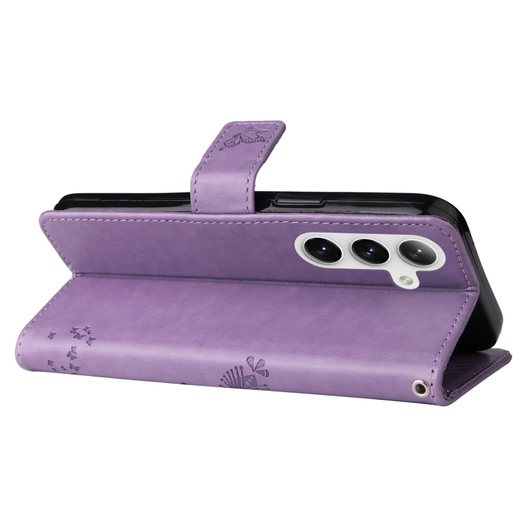 For Samsung Galaxy S25 / S24 5G Tree & Cat Embossed Pattern Flip Leather Phone Case(Light Purple)
