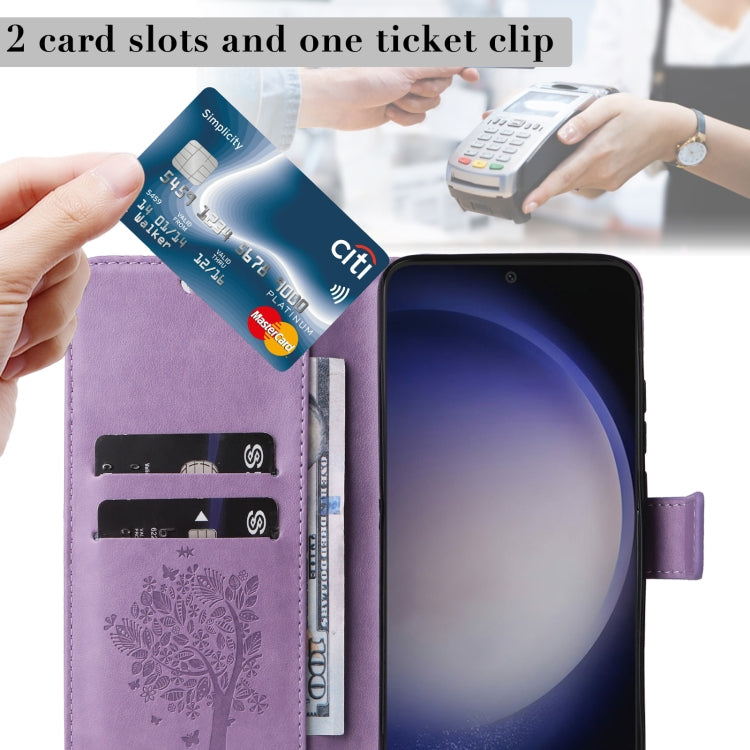 For Samsung Galaxy S25 / S24 5G Tree & Cat Embossed Pattern Flip Leather Phone Case(Light Purple)