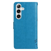 For Samsung Galaxy S25 / S24 5G Tree & Cat Embossed Pattern Flip Leather Phone Case(Blue)