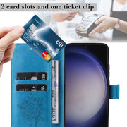 For Samsung Galaxy S25 / S24 5G Tree & Cat Embossed Pattern Flip Leather Phone Case(Blue)