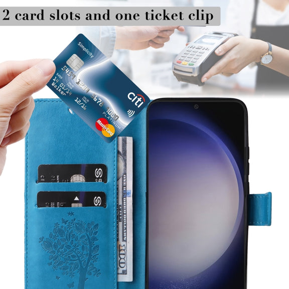 For Samsung Galaxy S25 / S24 5G Tree & Cat Embossed Pattern Flip Leather Phone Case(Blue)