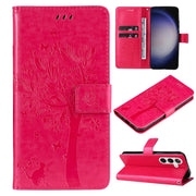 For Samsung Galaxy S25 / S24 5G Tree & Cat Embossed Pattern Flip Leather Phone Case(Rose Red)