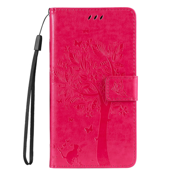 For Samsung Galaxy S25 / S24 5G Tree & Cat Embossed Pattern Flip Leather Phone Case(Rose Red)