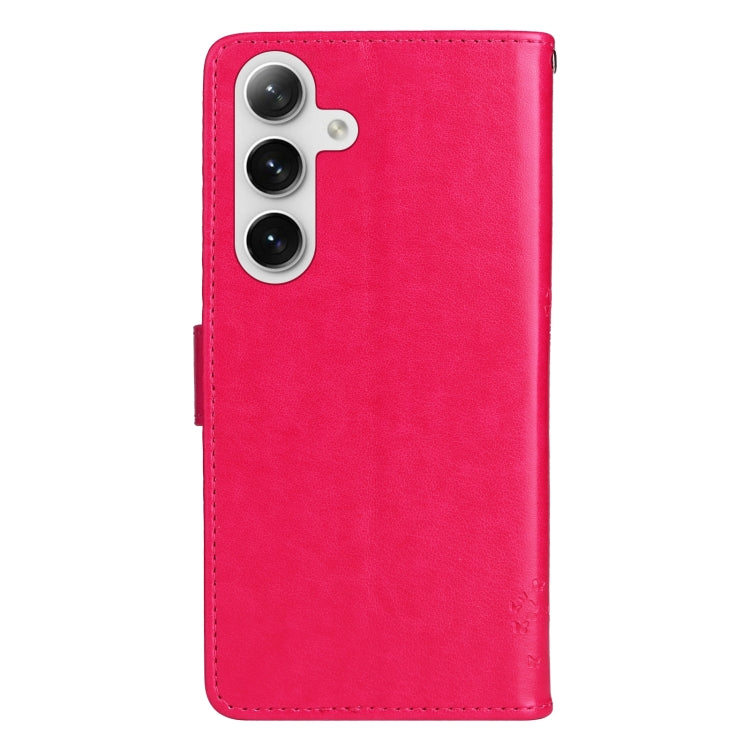 For Samsung Galaxy S25 / S24 5G Tree & Cat Embossed Pattern Flip Leather Phone Case(Rose Red)