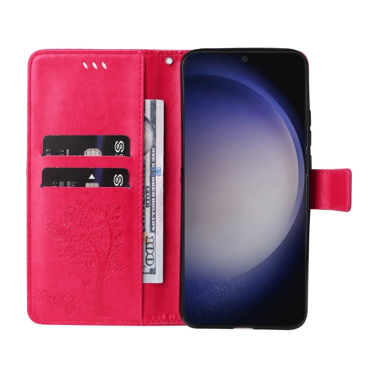 For Samsung Galaxy S25 / S24 5G Tree & Cat Embossed Pattern Flip Leather Phone Case(Rose Red)