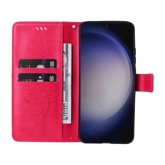 For Samsung Galaxy S25 / S24 5G Tree & Cat Embossed Pattern Flip Leather Phone Case(Rose Red)